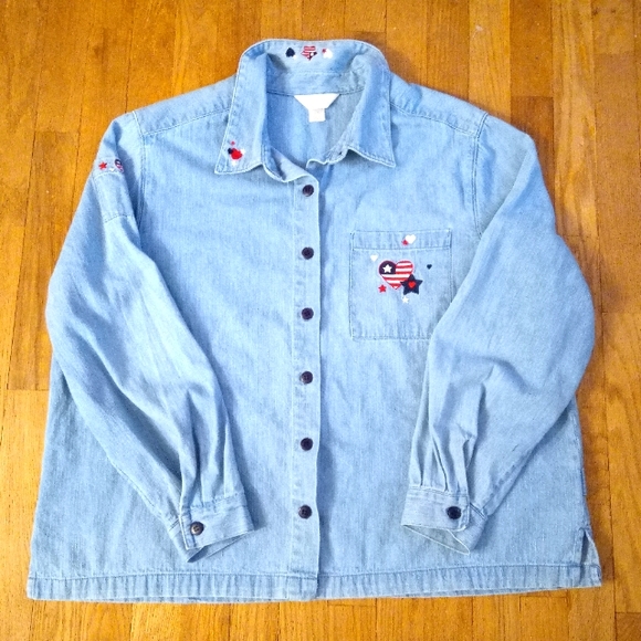CHRISTOPHER & BANKS - Patriotic Embroidered Denim Light Wash Button Up Jacket - Picture 13 of 13